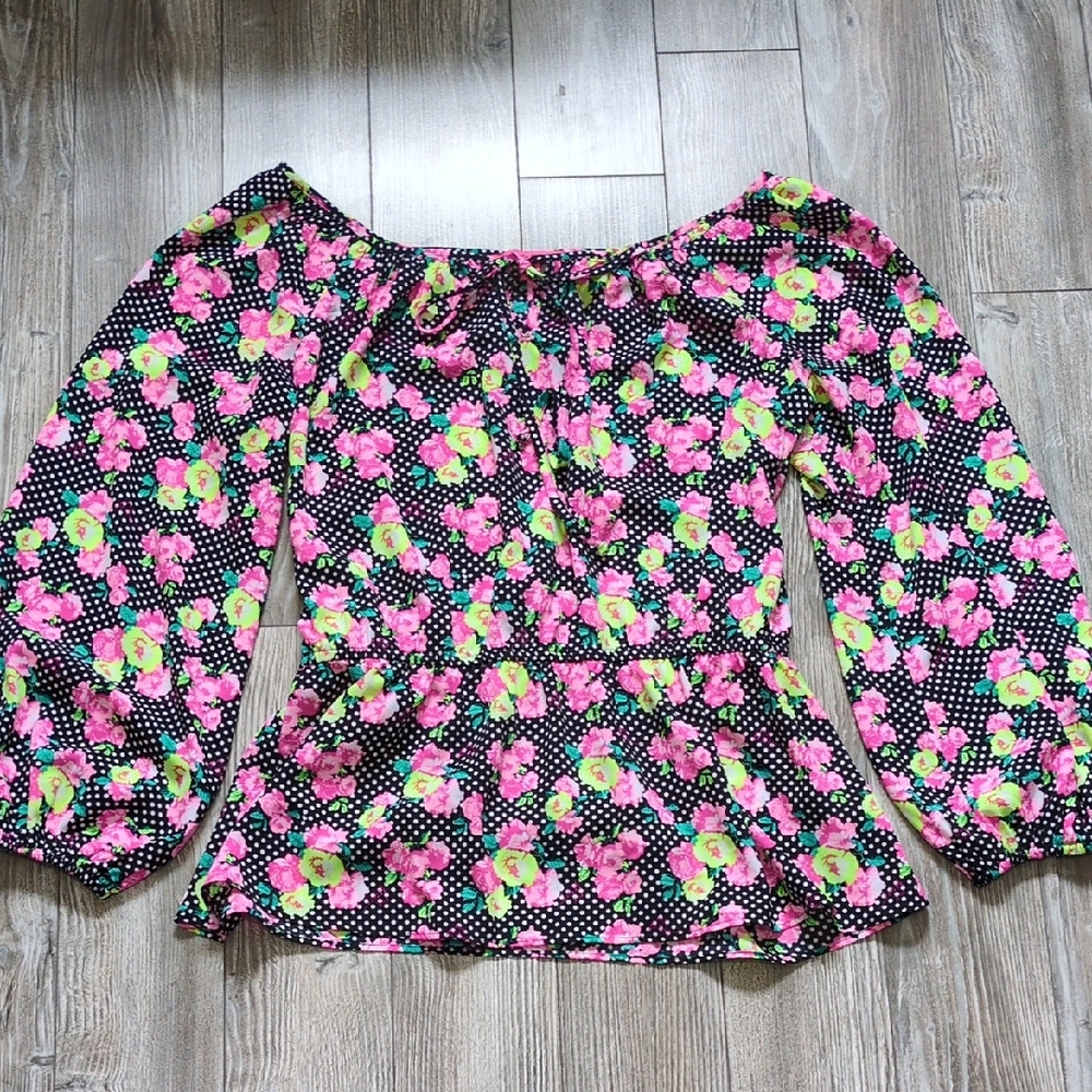 Betsey Johnson Black Pink and Green Polka Dot Floral Balloon Sleeve Top XL
